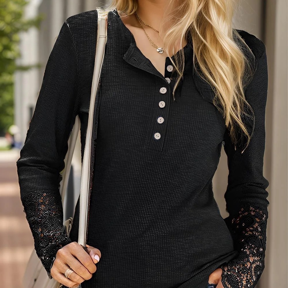 Women's Long Sleeve Lace Trim Button Ribbed 90s Y2K Henley Black grunge Shirt XL